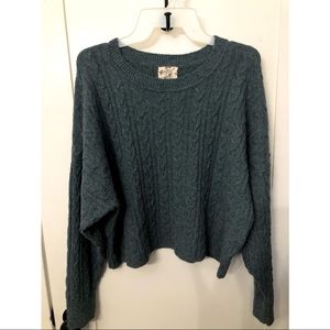 Hippie Rose Junior’s Cable Knit Semi-Cropped Jade Blue Sweater